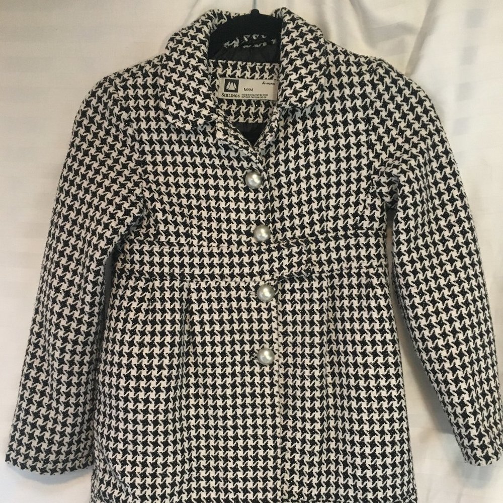 Girls Houndstooth Winter Warm Coat Jacket Wool Buttons Size Medium Black White